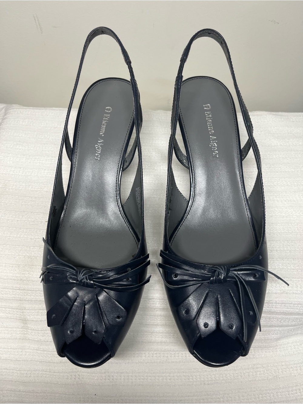 Etienne Aigner Navy Leather Peep-Toe Slingback Mules 8.5M